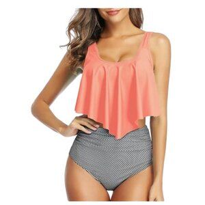 NEW Peach Two Piece Ruffled Top Black Stripe High Waisted Tankini Women's XXL
